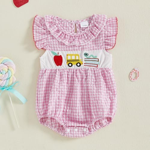 Back to School Outfits Baby Girl First Day of School Smocked Bubble Romper Onesie Newborn Cute Summer Clothes2