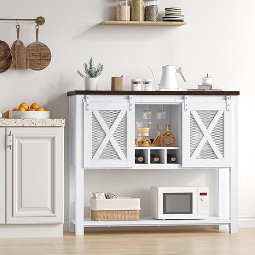 Image of Farmhouse Coffee Bar Cabinet with Storage, Sliding Barn Door Sideboard Buffet, Wine Bottle & Glass Storage Cabinet for Kitchen, Dining Room & Living Room,White