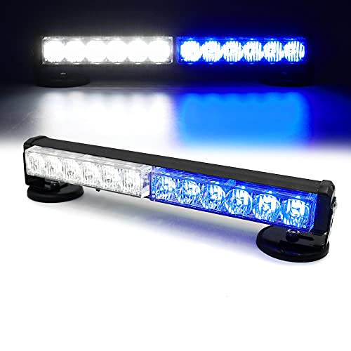 FOXCID 12 LED Emergency Hazard Warning Strobe Flashing Light Bar Wireless Battery W/Magnetic Base and Rechargeable Plug for Beacon Rooftop Safety Vehicles Tow Trucks Tractor Snowplow, White Blue