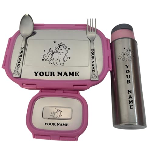Image of ncgifts Stainless Steel Personalized Tiffin | Customized Lunch Boz with Name for Kids | Personalized Tiffin Box | with Permanent Name Engrave and Cartoon | Birthday Gift, Return Gifts. (Pink), 900 ml