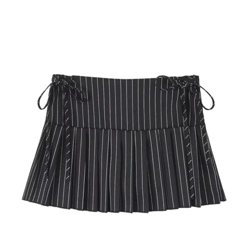 Y2K Black Striped Pleated Mini Skirt with Side Zipper and Bow Detail