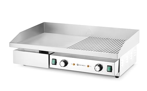 HENDI Grillplatte, halb gerillt und halb glatt, Entnehmbare Festtschublade, Temperatur bis 300°C regelbar, Elektrogrill, Tischgrill, Gastrogrill, 400V/4400W, 720x460x(H)241mm, Edelstahl
