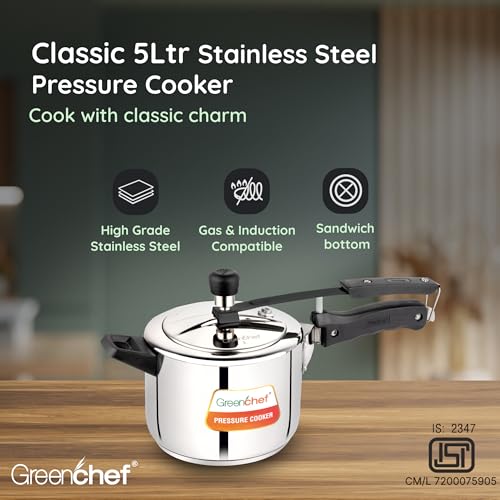 Image of Greenchef Stainless Steel Inner lid pressure cooker 5 litre - Classic, ISI certified, Induction and Gas compatible, Glossy Finish, Triply bottom, 5Year warranty