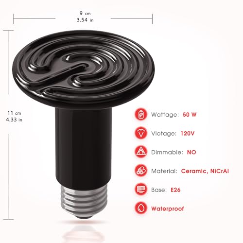 Image of Ceramic Heat Emitter for Reptiles, 50W Heat Lamp Bulb, Ceramic Reptile Heat Bulb Black, No Light Emitting Heat Lamp for Amphibian Pet, Heat Bulb for Bearded Dragon Turtle Snake Lizard, 2 Pack