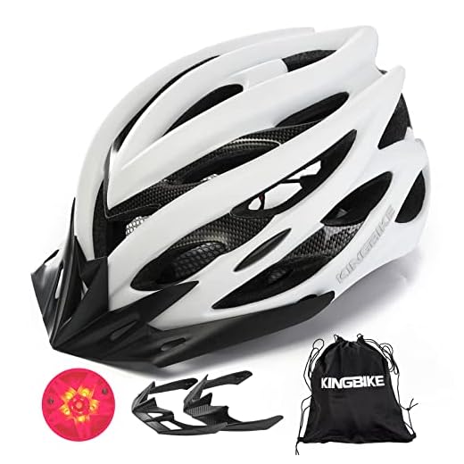 KINGBIKE Adult Bike Helmet Ultralight with Bicycle Helmets Portable Bag and Safety Rear Led Light Visor for Men Women Cycling Cycle Biking Road Bike Helmets (White, L/XL(60-63CM))