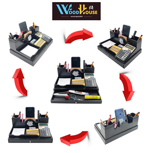 Image of WOOD HOUSE Wooden Desk Table Organizer, Pen Stand with Clock - Office Table Accessories for Diwali New Year Corporate Gifts
