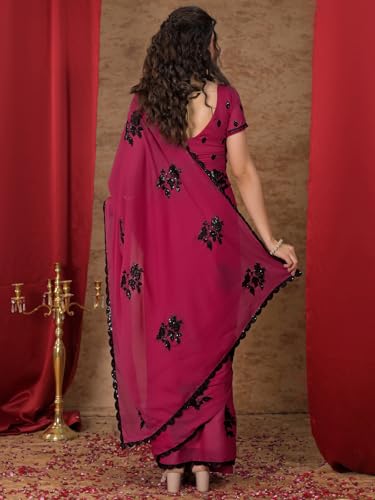 Image of Satrani Women's Shimmer Georgette Sequins Embroidery Saree with Unstitched Blouse Piece