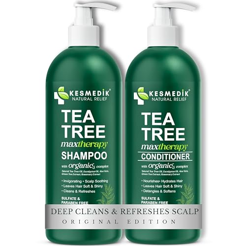 KESMEDIK Tea Tree Oil Shampoo and Conditioner MaxTherapy Set, Itchy Scalp Relief, Refreshes & Cleanses Dandruff & Buildup, Clarifying for Oily Hair, Women & Men, 16 fl oz Each