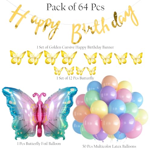 Image of Butterfly Theme Birthday Decoration Kit, 64 Pcs, Party Supplies