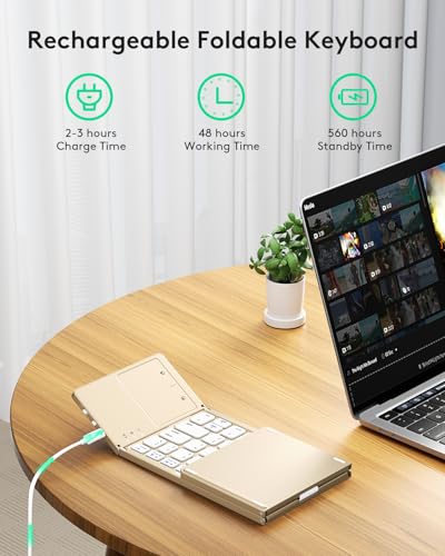 Image of Samsers Foldable Bluetooth Keyboard with Touchpad, Ultra Slim Compact, Gold | Multi-touch Trackpad, Full Size, Phone Holder, USB-C Charging, 1 Device, for Android Windows iOS Mac OS, Mobile Productivity