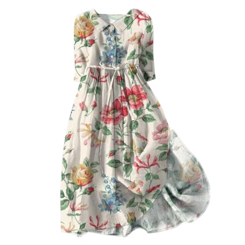 Ceboyel Women Bohemian Cotton Linen Dresses 3/4 Sleeve Maxi Long Dress Plain Classic Dresses Trendy Boho Dresses with Belt