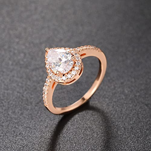 Rose Gold Plated Wedding Band Teardrop Water Drop Shape Cubic Zircon Halo Engagement Proposal Ring,Pear-Shaped Promise Bridal Ring3