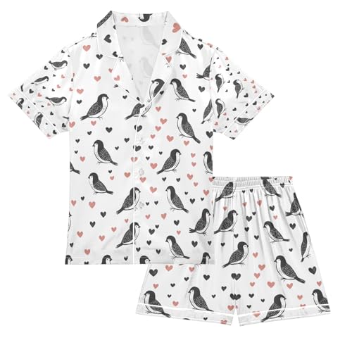senya Birds with Hearts Satin Summer Pajama Sets Silk Short Sleeve Button Down Sleepwear