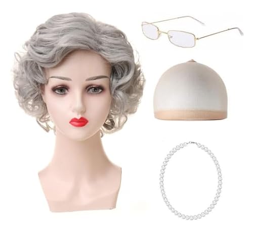 SDXCJY 4 Piece Old Lady Short Curly Grey Wig Cap Pearl Necklace Glasses with Accessories Kit,Short Curly Layered Wig for Cosplay Party Halloween Costume Wig. (Grey)
