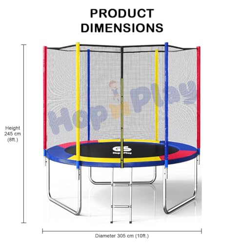 Image of Hop N Play 10FT Trampoline for Kids & Adults with Safety Net, Ladder & Cushioned Poles | Heavy Duty Outdoor & Indoor Fitness Bouncer | 175kg Capacity | Backyard Jumping Jhula