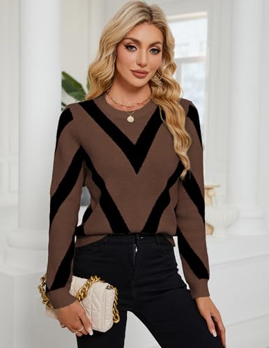 Image of Libsorge Womens Dressy Casual Color Block Striped Sweater Fall 2025 Trendy Outfits Lightweight Ribbed Knit Pullover Top