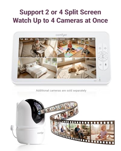 Image of Comfyer BM01 7 inch HD Split-Screen Baby Monitor, Video Baby Monitor with 2 Cameras and Audio, No WiFi Monitor with a Flexible Bracket, Up to 2 Days in VOX Mode with Sound Alert, 4X Zoom, Night Vision