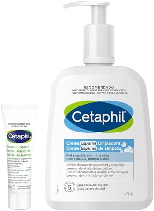 CETAPHIL Crema Espuma Limpiadora Facial para Piel Sensible, Normal a Seca, enriquecida con Aloe Vera, Niacinamida, Pantenol y Glicerina, No Comedogénico, 473ml + Crema Hidratante Mini 10gr