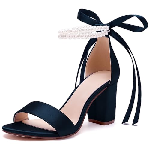 Image of Women's Open Toe Pearl Wedding Shoes for Bride High Heels Sandals Satin Bridal Block Chunky Heels Ankle Strap Prom Evening Party Pumps
