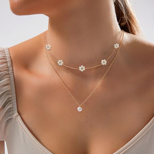 Image of Zeffy Gold Pearl Necklace for Women, Dainty 14K Gold /Silve Plated Layered Pearl Choker Pearl Earrings Pearl Bracelets Wedding Trendy Gold Jewelry Set for Women Gifts