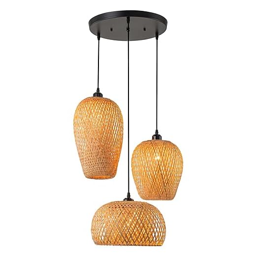 AOODU Rustic Rattan Pendant Light Fixture Farmhouse Bamboo Pendant Lighting fixtures 3-Lights Wicker lamp Shade Basket Woven Chandelier Living Room bar Dining Room Ceiling Hanging Light,E26