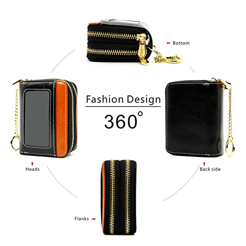 ANDOILT Small Genuine Leather Wallet for Women Men RFID Blocking Identity Safe Double Zipper Accordion Credit Card Holder Keychain Wallets Black3