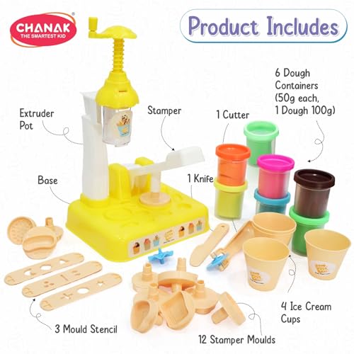 Image of Chanak Toys Play Dough Ice Cream Maker Set, Safe Non-Toxic Dough Ice Cream Maker Including 6 Color Dough Tubes Each 50g + 1(100gm) for Boys Girls, Above 3+ Age (White)