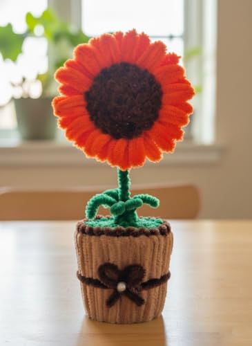 Image of Handmade Artificial Flower Pot for Home Decor | Cute Fuzzy Wire Pipe Cleaner Flower Plant | Aesthetic Tabletop Decorative Pot for Home, Office & Gifting (Soft Bloom :- Orange)
