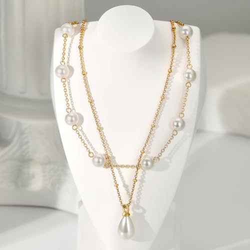 Cicy Bell Womens 18k Gold Plated Necklace Double Layered Teardrop Shell Pearl Delicate Trendy Pendant Necklace Gifts 17.7'' with 2'' Extender3