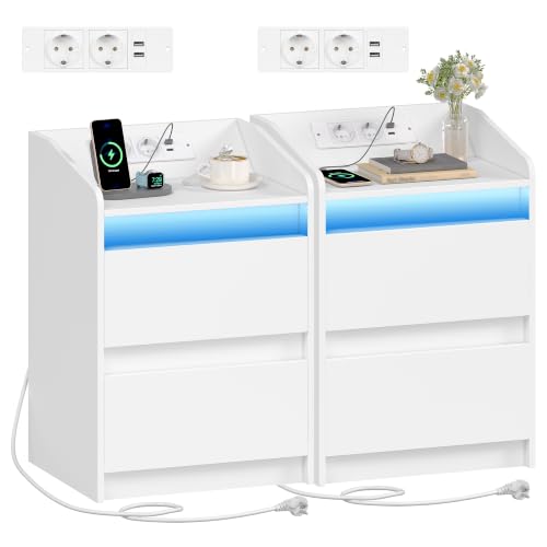 Hzuaneri Mesitas de Noche Juego de 2 con Luces LED, Estación de Carg,Blanco | 2 Cajones, Mesa auxiliar con Puertos USB y Enchufes de Energía, Ideal para Sala de estar y Dormitorio, NS30103X