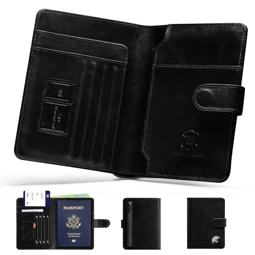LORZOR Passport Holder for Travel: Full Grain Leather Passport Cover with Airtag Holder Magnetic Buckle for Men - RFID Blocking Bifold Wallet for Air Ticket Card Cash Coin (Black)