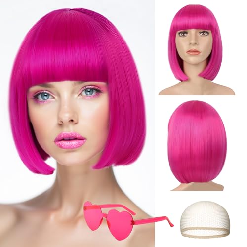 Image of LIULIUBTY Short Bob Hair Wigs Straight with Flat Bangs Synthetic Colorful Cosplay Daily Party Neon Wig for Women with Wig Cap 12 inch Natural As Real (Hot Pink B)