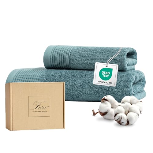Ferò Juego de Toallas de Lujo de 2 Piezas 100% Algodón Premium Low Twist, 550 g/m², Ultra Suaves, Oeko-Tex, Diseño Italiano, 1 Toalla de Mano 50x100, 1 Toalla de Invitado 50x30 cm, Azul Claro