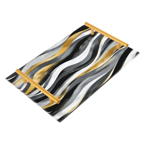GUIJI Abstract Wavy Line Acrylic Tray, Perfume Cosmetic Jewelry Decorative Trays Bathtub Organizer, Living Room Kitchen Serving Tray with Gold Handles