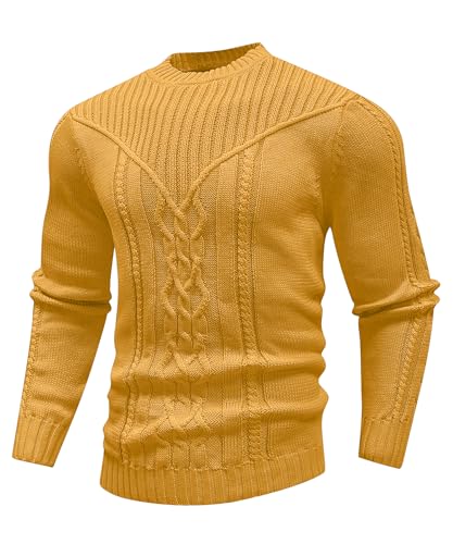 SAVKOOV Men's Pullover Long Sleeve Crewneck Knitted Sweater Yellow