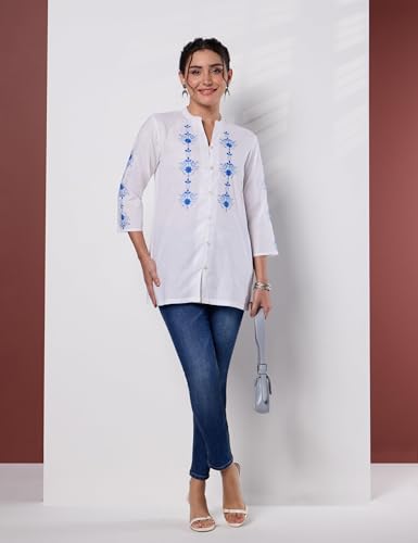Image of Amazon Brand - Myx Women's Pure Cotton Embroidered Short Kurti | Tunic | Short Kurta (Available in Plus Sizes)