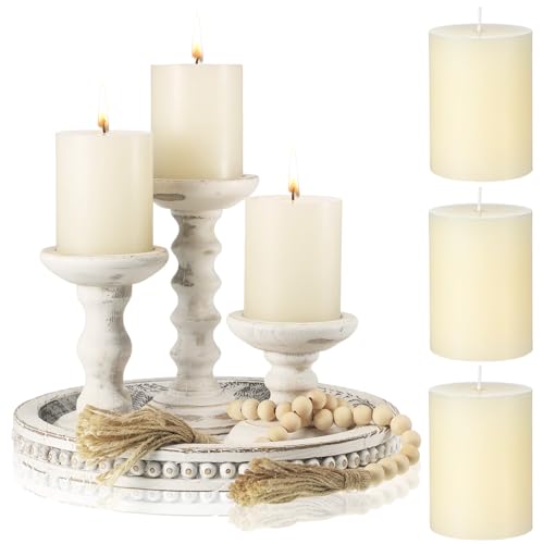 Reallnaive 8 Pcs Farmhouse Wood Candle Holders Set Pillar Tray Beads,White