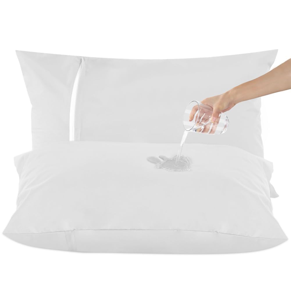 DUJUIKE Waterproof Zippered Pillow Protectors Pack of 2, Waterproof Pillow Protectors, Super Soft, Breathable, Noiseless (White, 40 x 80 cm (2 Pack))