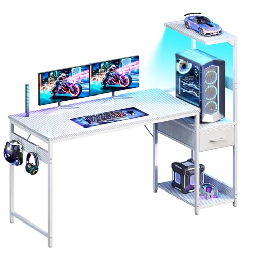 Image of Casaottima 54'' Gaming Desk with LED Lights & CPU Stand, Reversible Computer Desk with Storage Shelves & Fabric Drawer, Modern PC Gamer Table with Headphone Hook, Carbon Fiber White