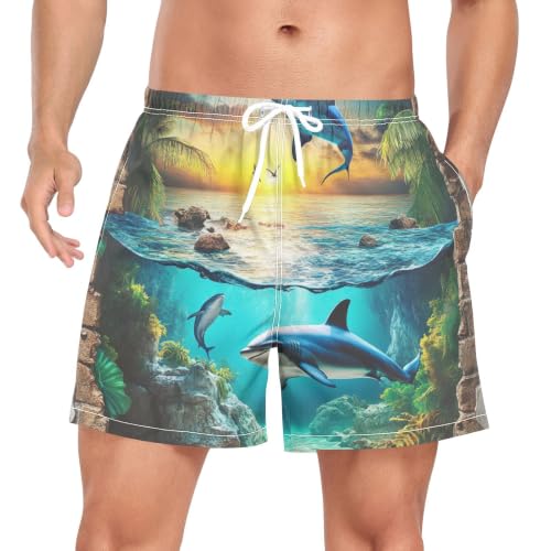 Bañador de secado rápido para hombre con tiburón 3D y diseño de océano transpirable