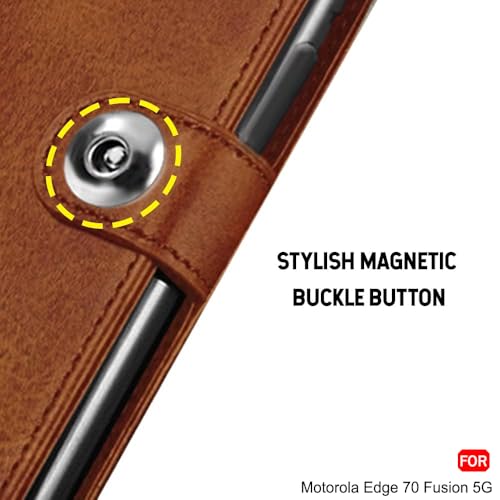 Image of TheGiftKart Flip Cover Back Case for Motorola Moto Edge 70 Fusion 5G | Genuine Leather Finish | Designer Button | Inbuilt Pockets & Stand | Wallet Style Flip Back Cover Case (Faux Leather, Brown)