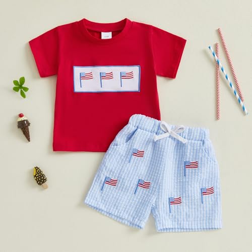 Image of Kayotuas Fourth Of July Toddler Boy Outfit Baby American Flag Clothes Patriotic Shirt Striped Gingham Shorts 2Pcs Summer Sets