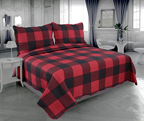 Marina Decoration Rich Printed Embossed Pinsonic Coverlet Bedspread Ultra Soft 2 Piece Summer Quilt Set with 1 Quilted Sham, Red Black Plaid Pattern Twin/Single Size