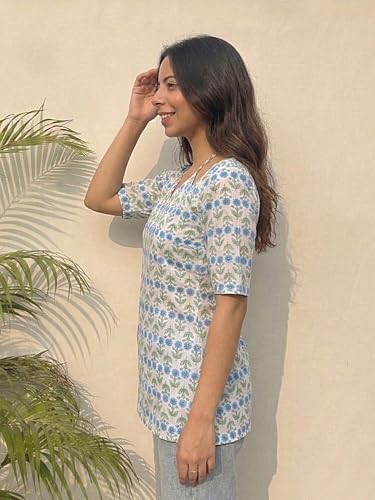 Image of ANNI Designer Women's Viscose Blend Printed Short Kurti | Straight Fit Casual Ethnic Top | Square Neck 3 /4 Sleeve Kurta Office College