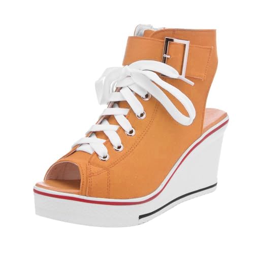 Image of OCHENTA Women's Peep Toe Wedge Sneakers Canvas Platform Shoes Side Zipper Lace up Buckle Fashion Sneakers Walking Shoes