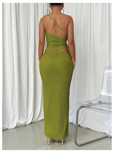 Floerns Women's 2 Piece Outfit Drawstring One Shoulder Tank Top Bodycon Long Skirts Set3