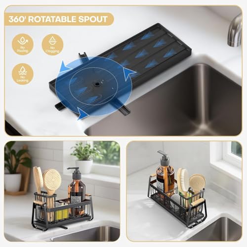 Image of Metal Sponge Holder for Kitchen Sink | Auto-Draining Sink Organizer Caddy with Drain Tray, Soap Dispenser Stand & Dish Brush Holder | Large Capacity Multipurpose Kitchen Storage Rack