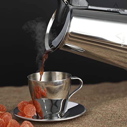 Image of Atlasware Stainless Steel Coffee Maker | Filter Coffee Black Tea Pot Compatible with Induction, Gas Stove | Durable Compact BPA Free Espresso Percolator for Home, Kitchen and Travel (Silver, 4 Cup)