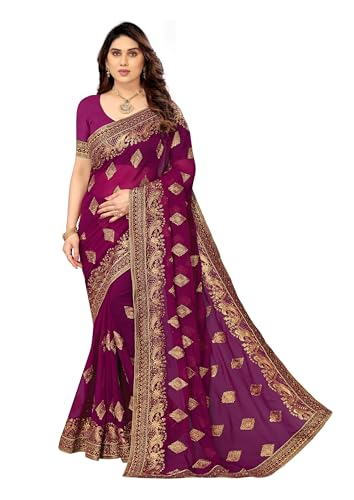 Image of B BELLA CREATION Women's Maroon Georgette Saree with Heavy Golden Embroidery Work & Unstitched Blouse Piece