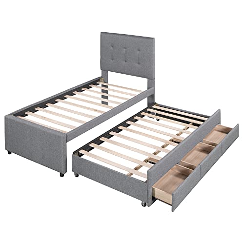 Twin Size Platform Bed With Pull-Out Trundle And 3 Drawers, Upholstered Twin Bed Frame With Headboard, Wood Twin Storage Bed For Bedroom, No Box Spring Needed (Gray) #TOP6